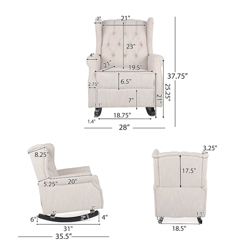 Fauteuil à bascule en tissu à dossier haut capitonné avec patins en bois de bouleau, gris ou beige