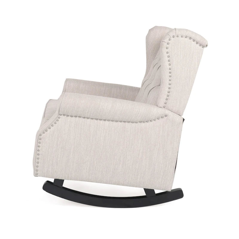 Fauteuil à bascule en tissu à dossier haut capitonné avec patins en bois de bouleau, gris ou beige