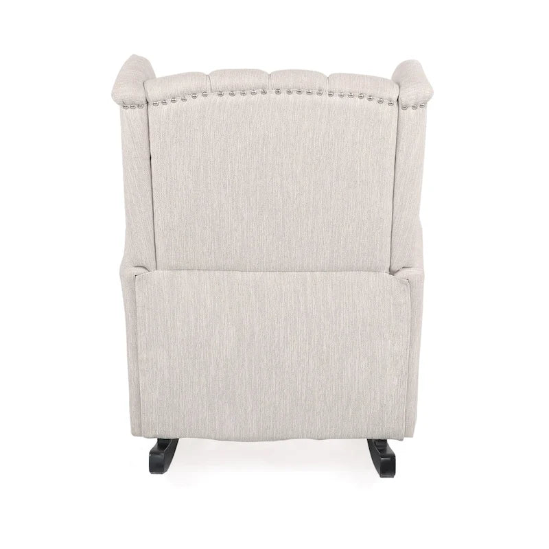 Fauteuil à bascule en tissu à dossier haut capitonné avec patins en bois de bouleau, gris ou beige
