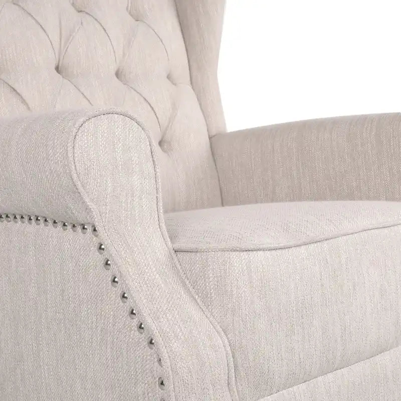 Fauteuil à bascule en tissu à dossier haut capitonné avec patins en bois de bouleau, gris ou beige