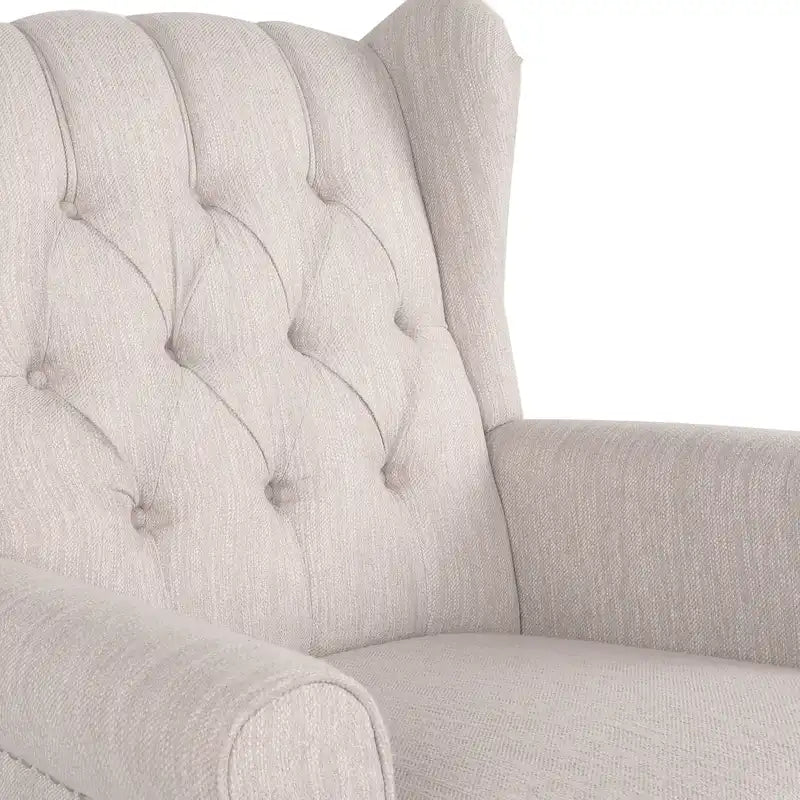 Fauteuil à bascule en tissu à dossier haut capitonné avec patins en bois de bouleau, gris ou beige