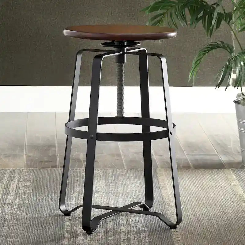Tabouret de bar réglable en hauteur, assise en bois de châtaignier, piétement en métal noir