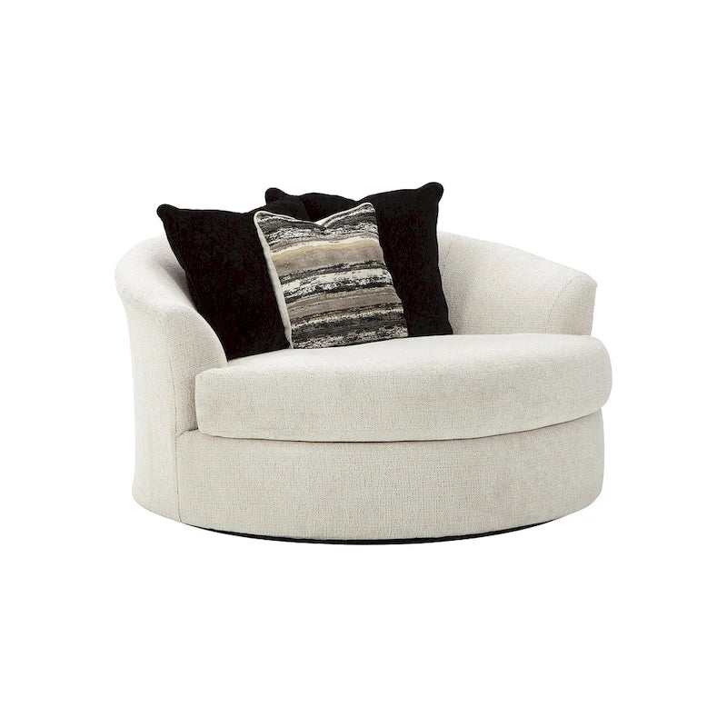 Fauteuil d'appoint rond pivotant blanc ivoire, avec revêtement en chenille et coussins de dossier