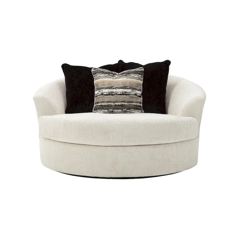 Fauteuil d'appoint rond pivotant blanc ivoire, avec revêtement en chenille et coussins de dossier