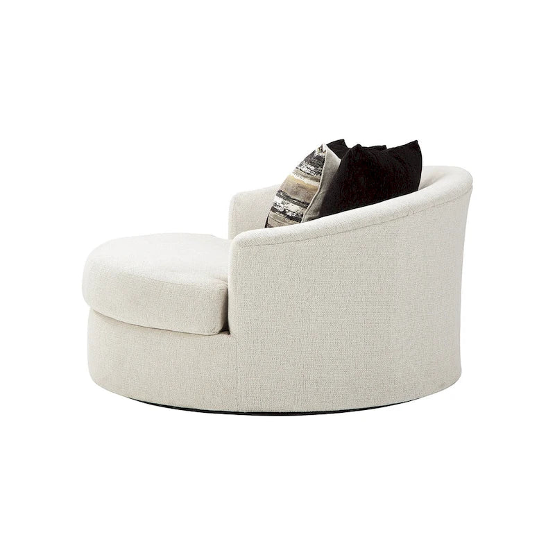 Fauteuil d'appoint rond pivotant blanc ivoire, avec revêtement en chenille et coussins de dossier