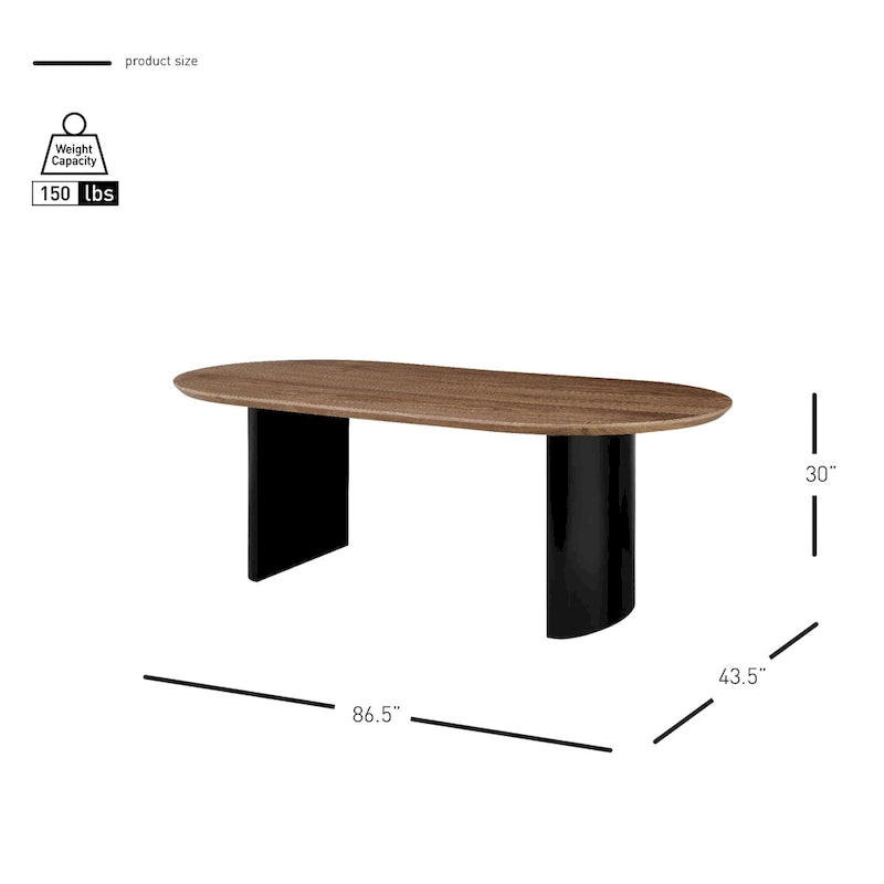 Table à manger ovale avec plateau en placage de noyer et pieds en demi-cercle de style moderne