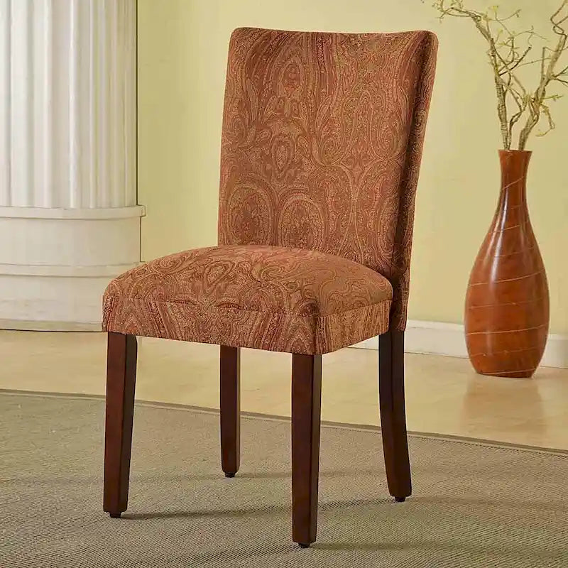 Chaise de salle à manger tapissée Paisley Damask avec pieds en bois de cerisier, orange