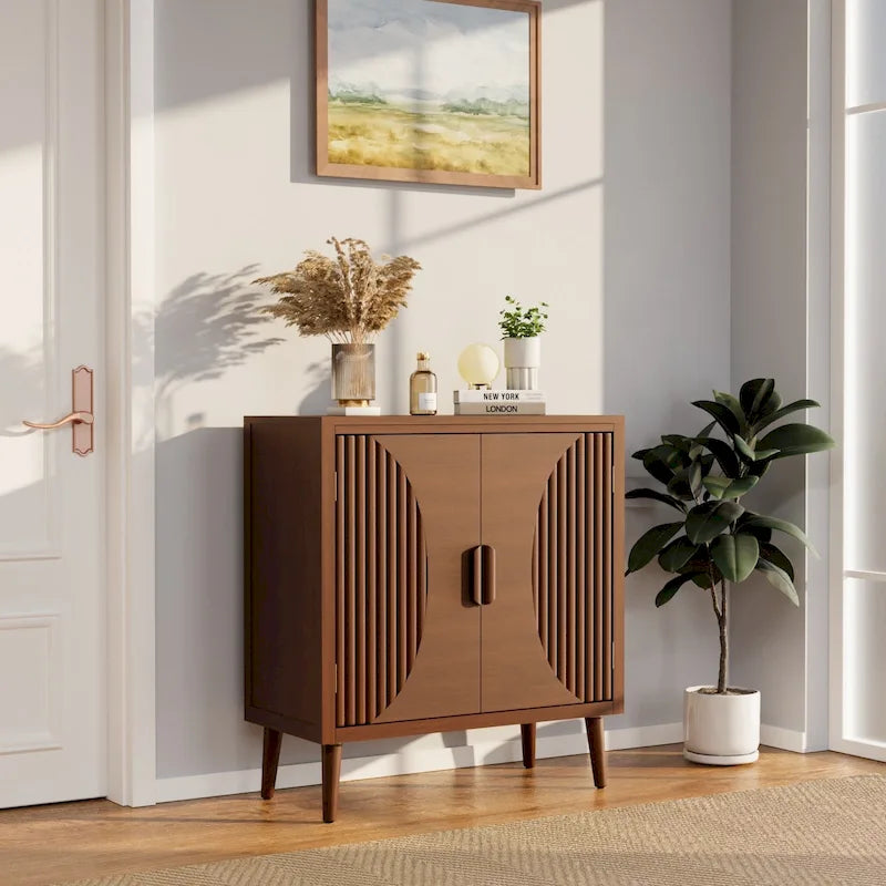 Buffet/Bahut à deux portes en noyer avec motifs à rayures verticales marron modernes