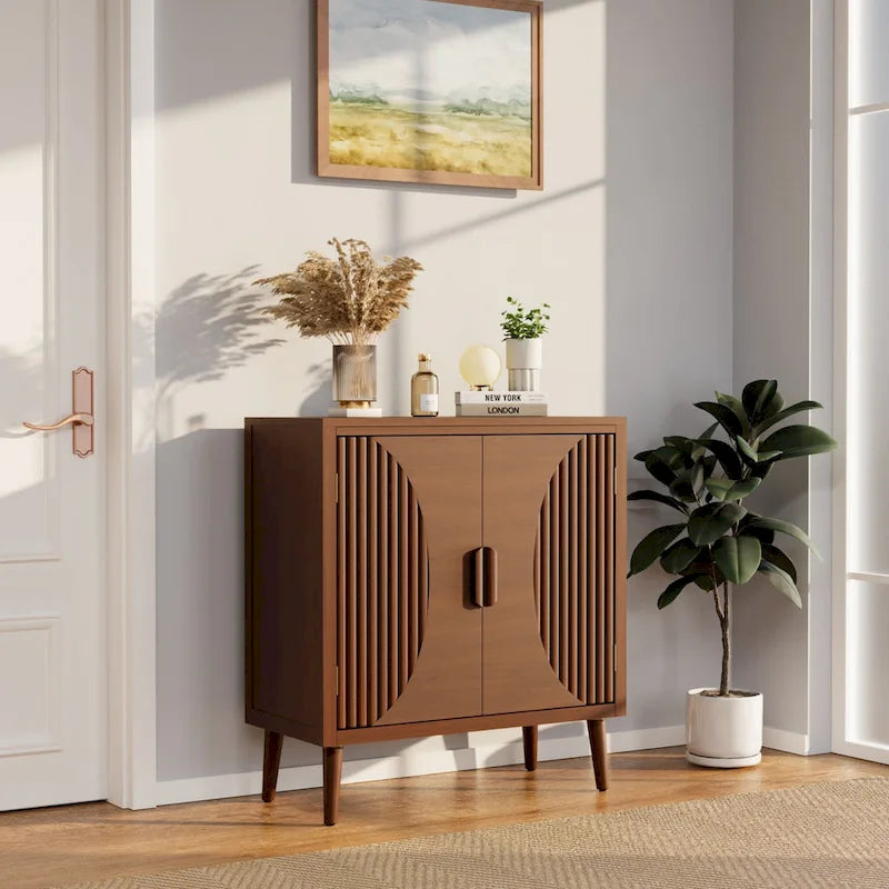 Buffet/Bahut à deux portes en noyer avec motifs à rayures verticales marron modernes