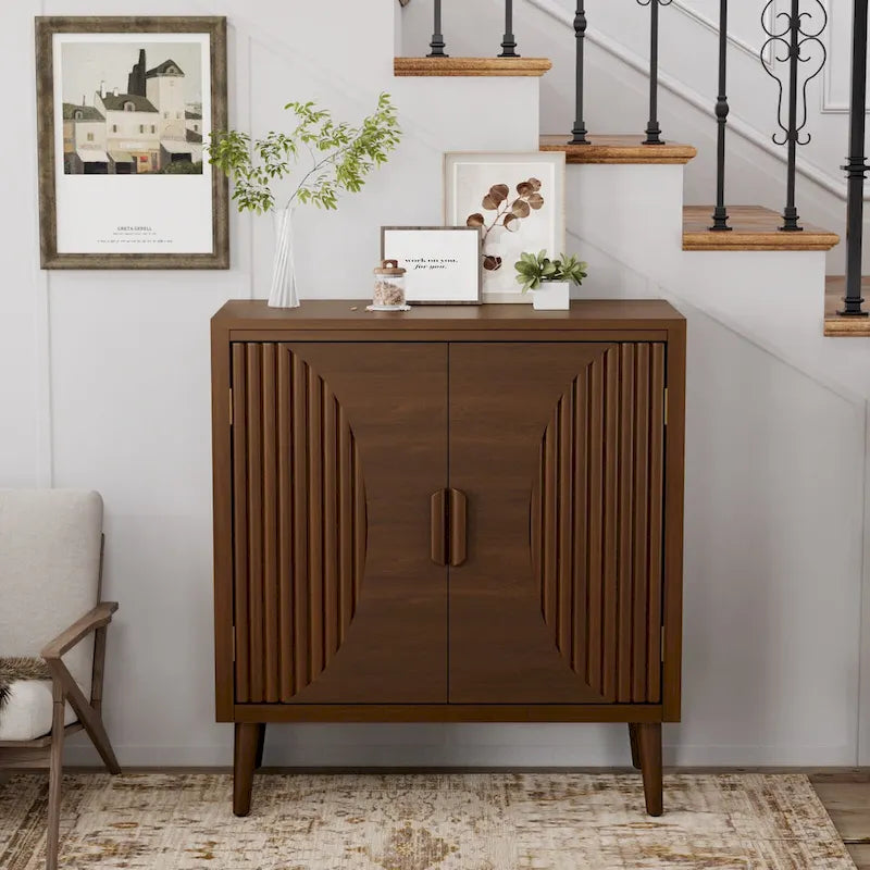 Buffet/Bahut à deux portes en noyer avec motifs à rayures verticales marron modernes