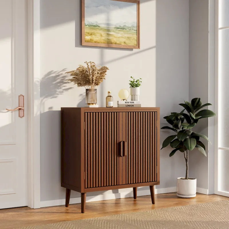 Buffet/Bahut à deux portes en noyer avec motifs à rayures verticales marron modernes