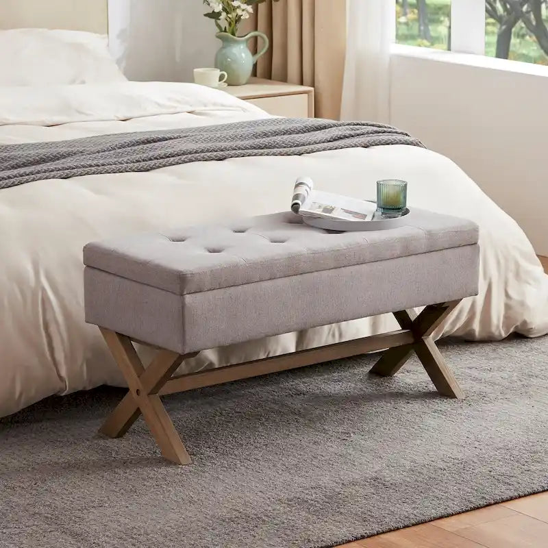 Banc de rangement capitonné avec pieds en X et siège touffeté à boutons, gris beige marron vert
