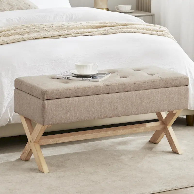 Banc de rangement capitonné avec pieds en X et siège touffeté à boutons, gris beige marron vert