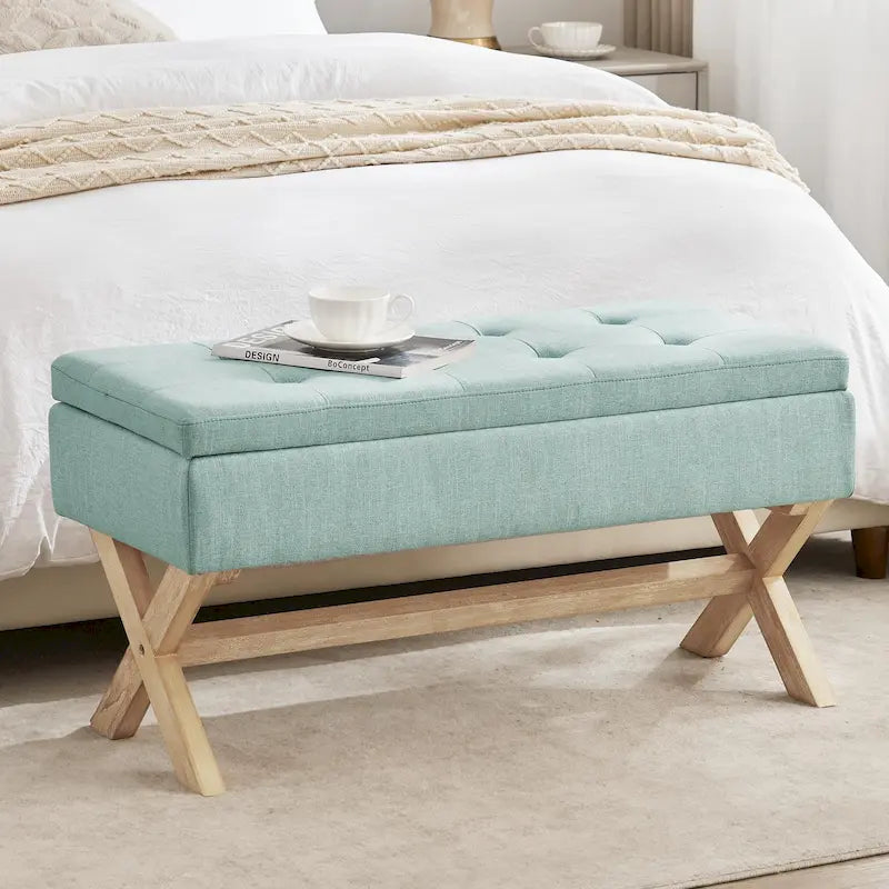 Banc de rangement capitonné avec pieds en X et siège touffeté à boutons, gris beige marron vert