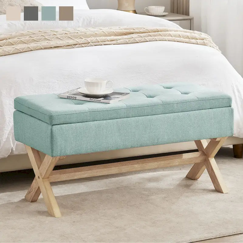 Banc de rangement capitonné avec pieds en X et siège touffeté à boutons, gris beige marron vert