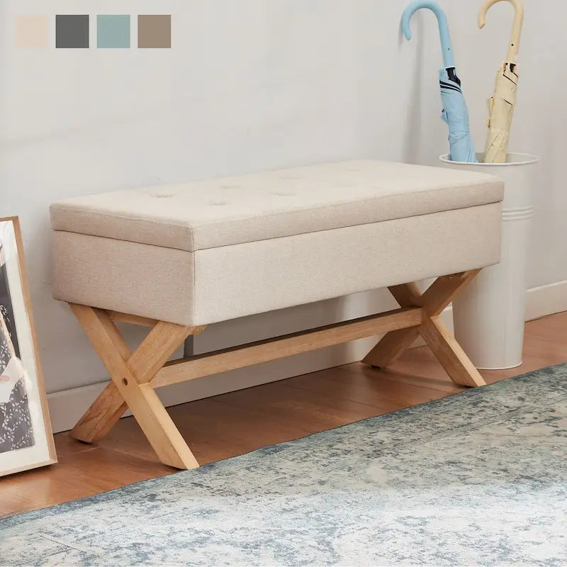 Banc de rangement capitonné avec pieds en X et siège touffeté à boutons, gris beige marron vert