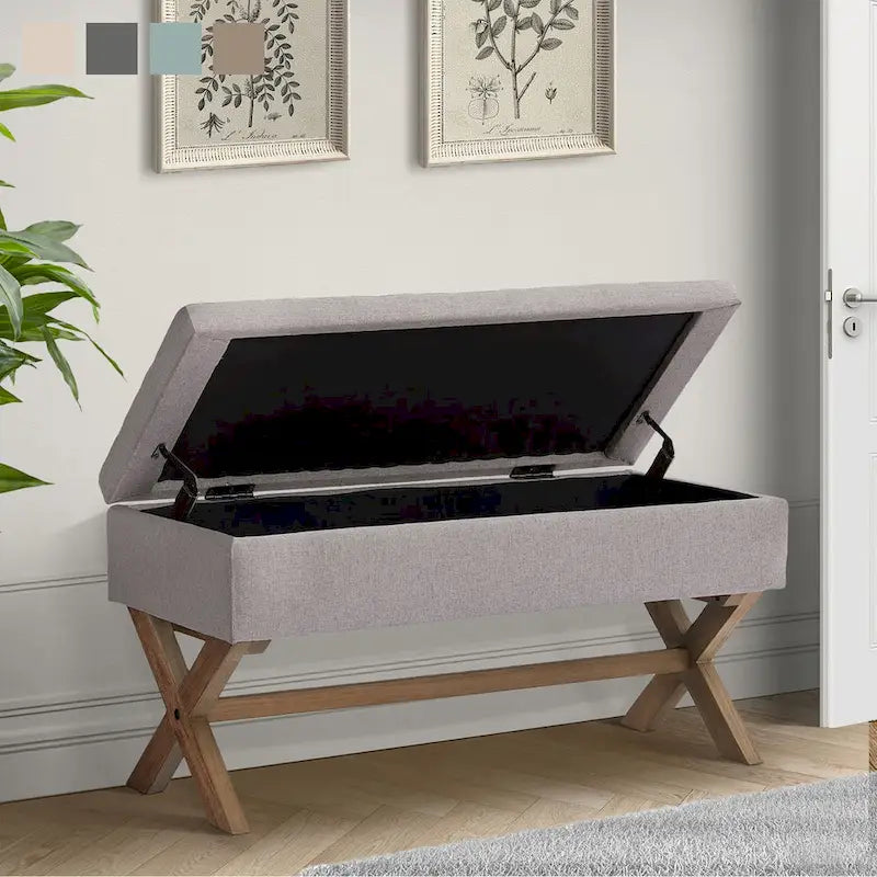 Banc de rangement capitonné avec pieds en X et siège touffeté à boutons, gris beige marron vert