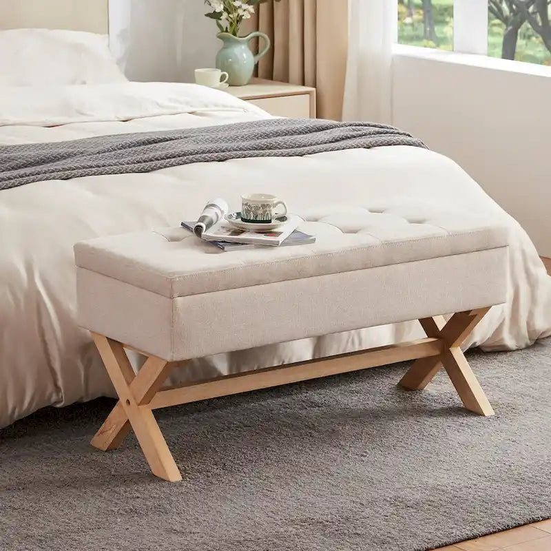 Banc de rangement capitonné avec pieds en X et siège touffeté à boutons, gris beige marron vert