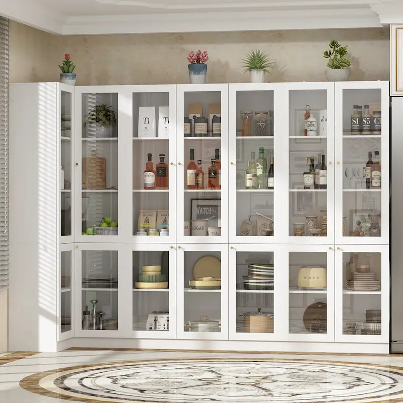 Meuble de rangement pour garde-manger en MDF, avec porte vitrée blanche et poignées dorées