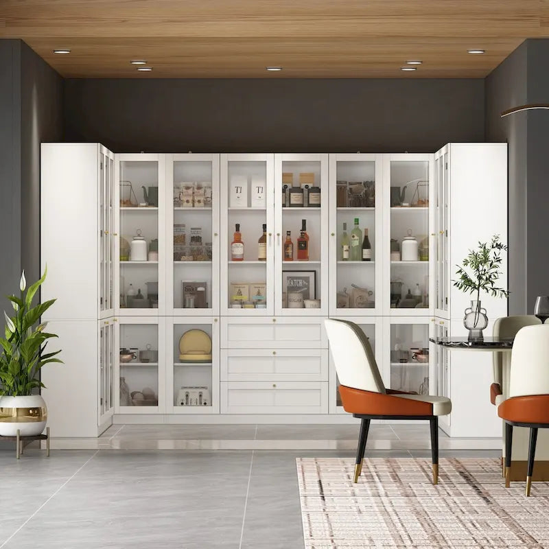 Meuble de rangement pour garde-manger en MDF, avec porte vitrée blanche et poignées dorées