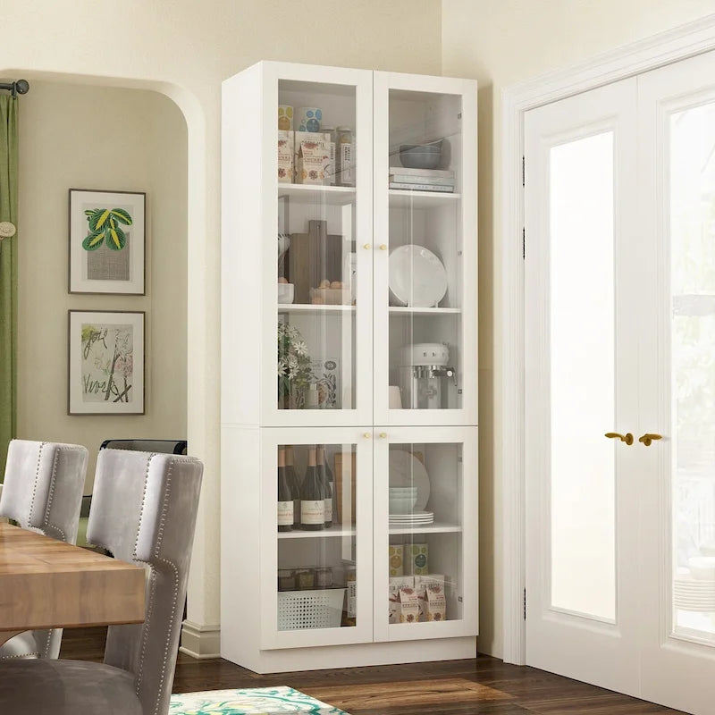 Meuble de rangement pour garde-manger en MDF, avec porte vitrée blanche et poignées dorées