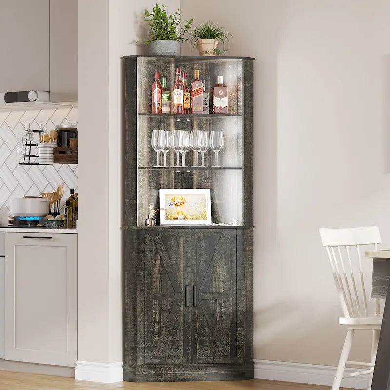 Meuble d'angle haut de rangement avec lumières LED, étagères ouvertes et porte coulissante style grange, blanc