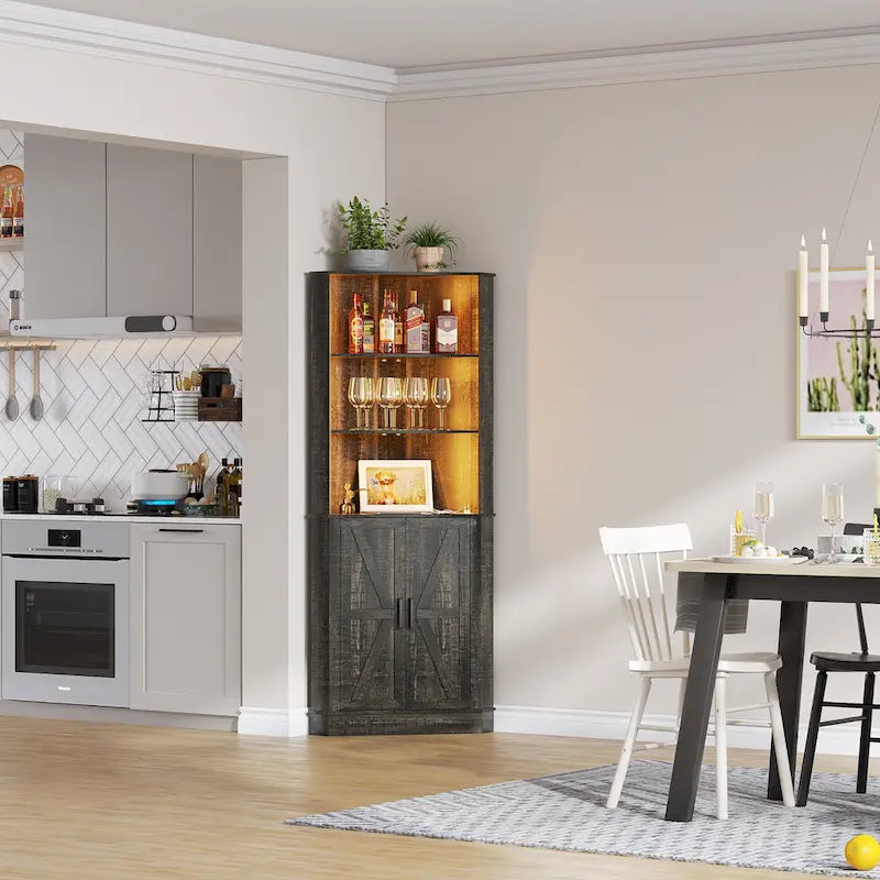 Meuble d'angle haut de rangement avec lumières LED, étagères ouvertes et porte coulissante style grange, blanc