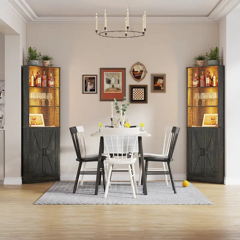 Meuble d'angle haut de rangement avec lumières LED, étagères ouvertes et porte coulissante style grange, blanc