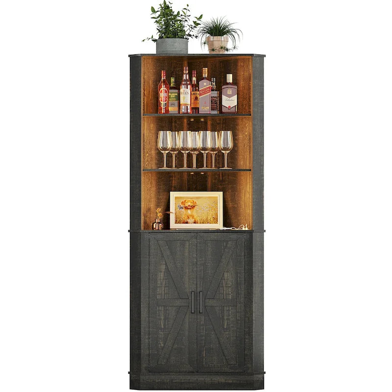 Meuble d'angle haut de rangement avec lumières LED, étagères ouvertes et porte coulissante style grange, blanc