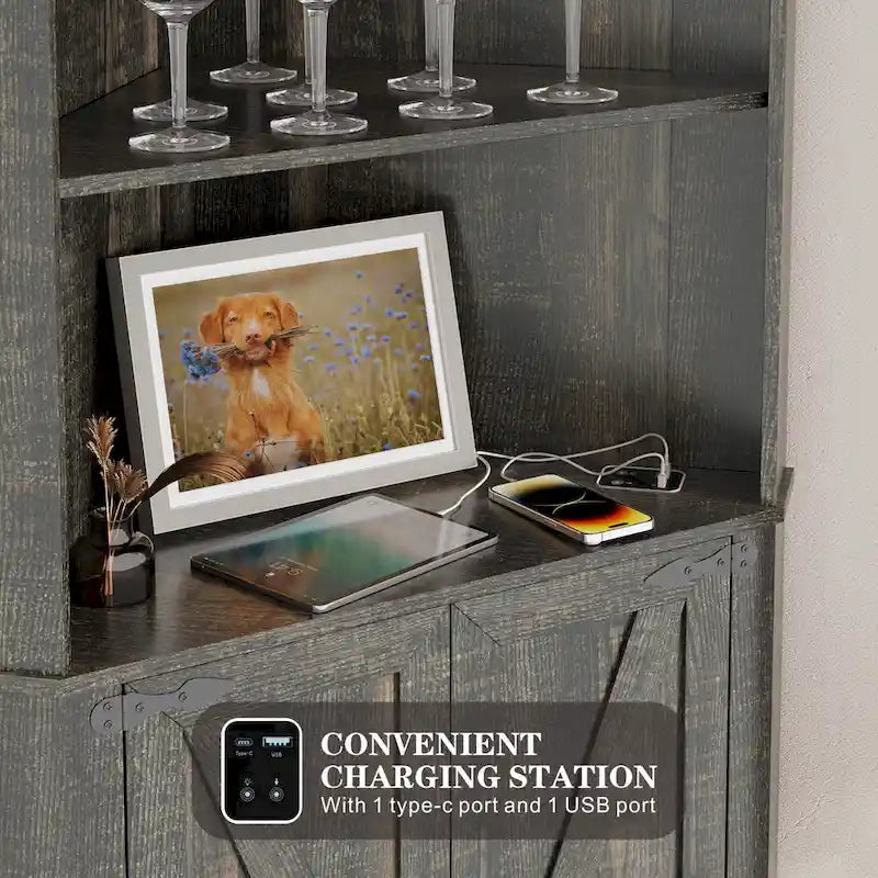 Meuble d'angle haut de rangement avec lumières LED, étagères ouvertes et porte coulissante style grange, blanc