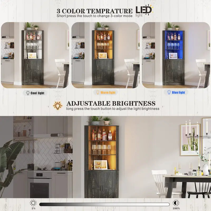 Meuble d'angle haut de rangement avec lumières LED, étagères ouvertes et porte coulissante style grange, blanc