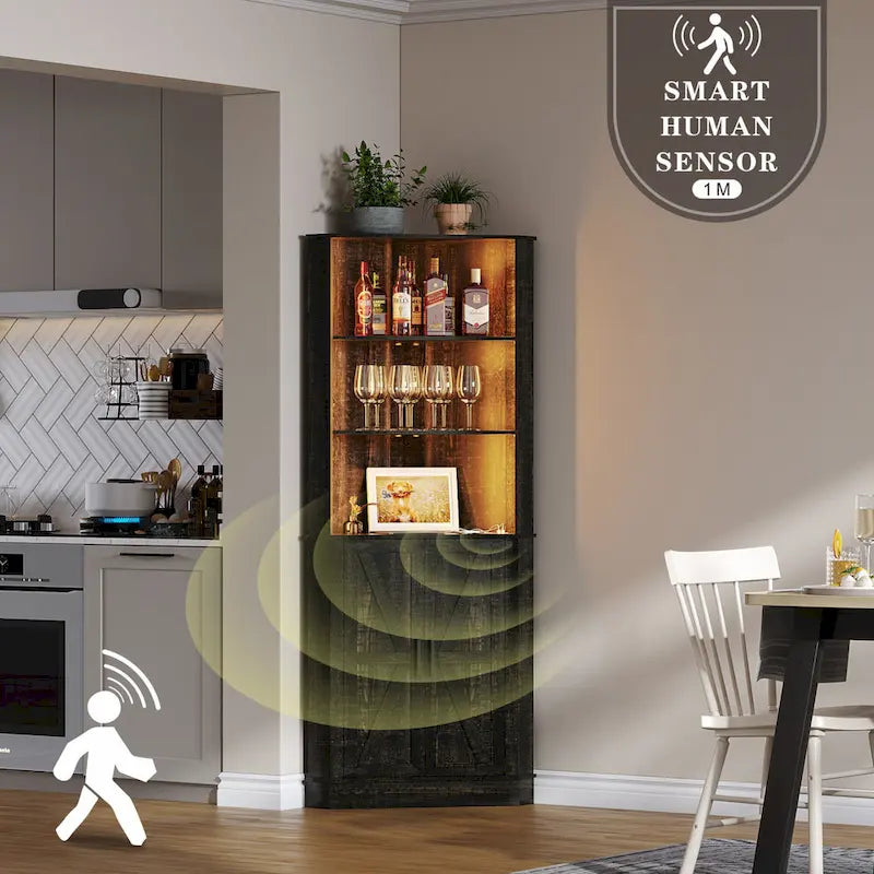 Meuble d'angle haut de rangement avec lumières LED, étagères ouvertes et porte coulissante style grange, blanc