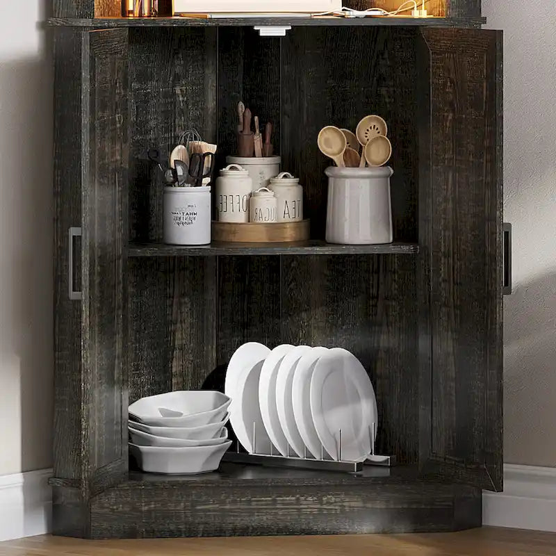 Meuble d'angle haut de rangement avec lumières LED, étagères ouvertes et porte coulissante style grange, blanc