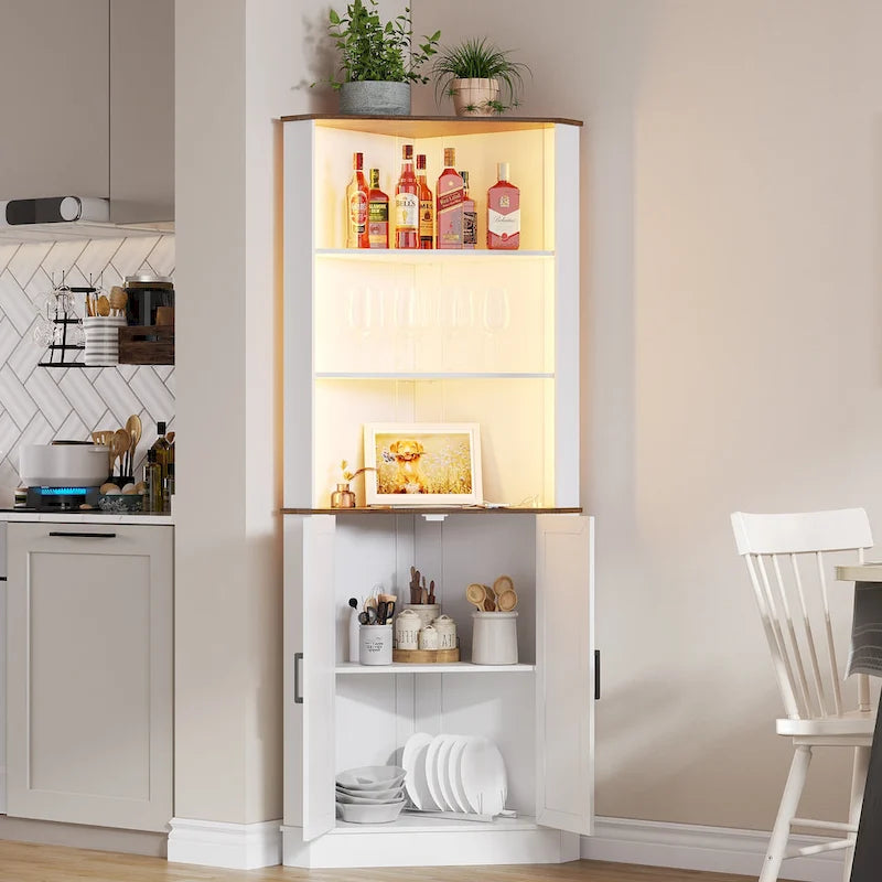 Meuble d'angle haut de rangement avec lumières LED, étagères ouvertes et porte coulissante style grange, blanc
