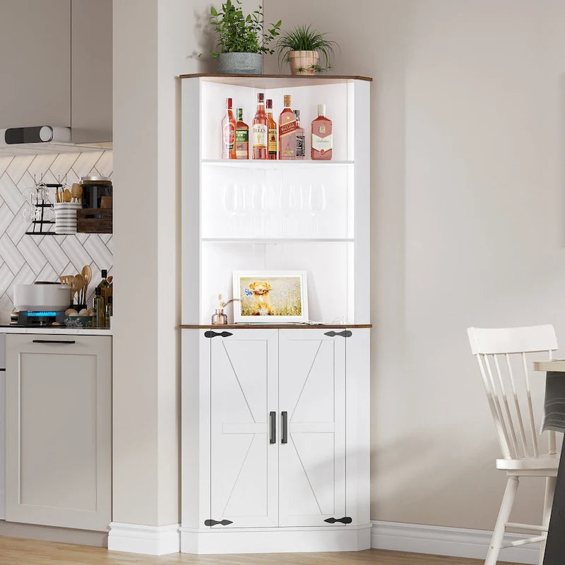 Meuble d'angle haut de rangement avec lumières LED, étagères ouvertes et porte coulissante style grange, blanc
