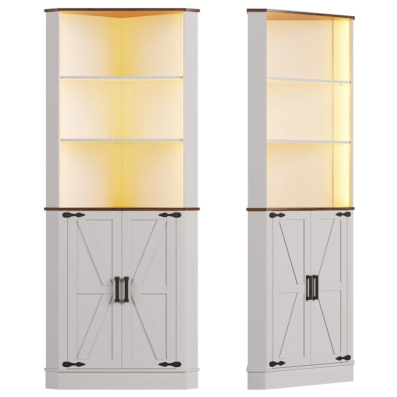 Meuble d'angle haut de rangement avec lumières LED, étagères ouvertes et porte coulissante style grange, blanc