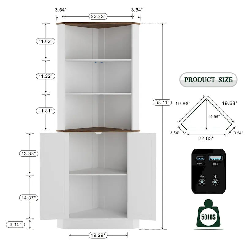 Meuble d'angle haut de rangement avec lumières LED, étagères ouvertes et porte coulissante style grange, blanc