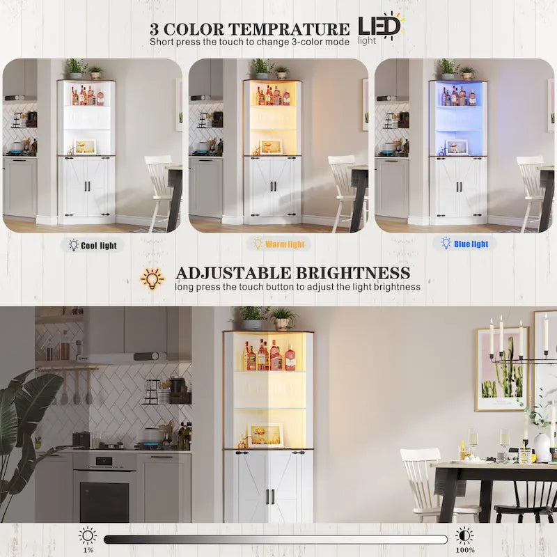 Meuble d'angle haut de rangement avec lumières LED, étagères ouvertes et porte coulissante style grange, blanc