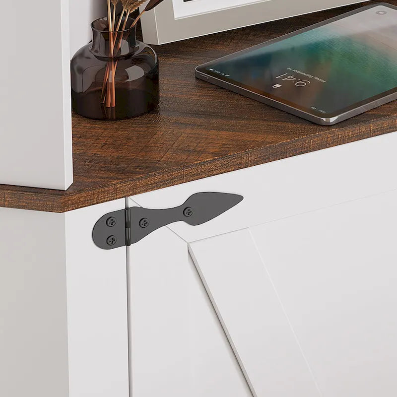 Meuble d'angle haut de rangement avec lumières LED, étagères ouvertes et porte coulissante style grange, blanc