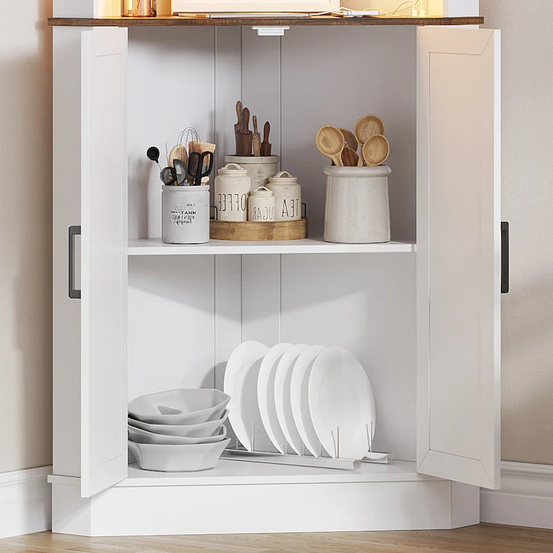 Meuble d'angle haut de rangement avec lumières LED, étagères ouvertes et porte coulissante style grange, blanc