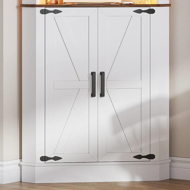 Meuble d'angle haut de rangement avec lumières LED, étagères ouvertes et porte coulissante style grange, blanc