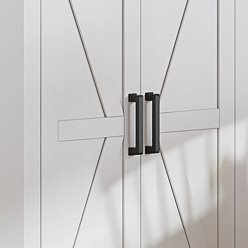 Meuble d'angle haut de rangement avec lumières LED, étagères ouvertes et porte coulissante style grange, blanc