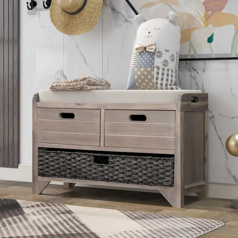 Banc de rangement d'entrée avec 2 tiroirs et panier tressé amovible
