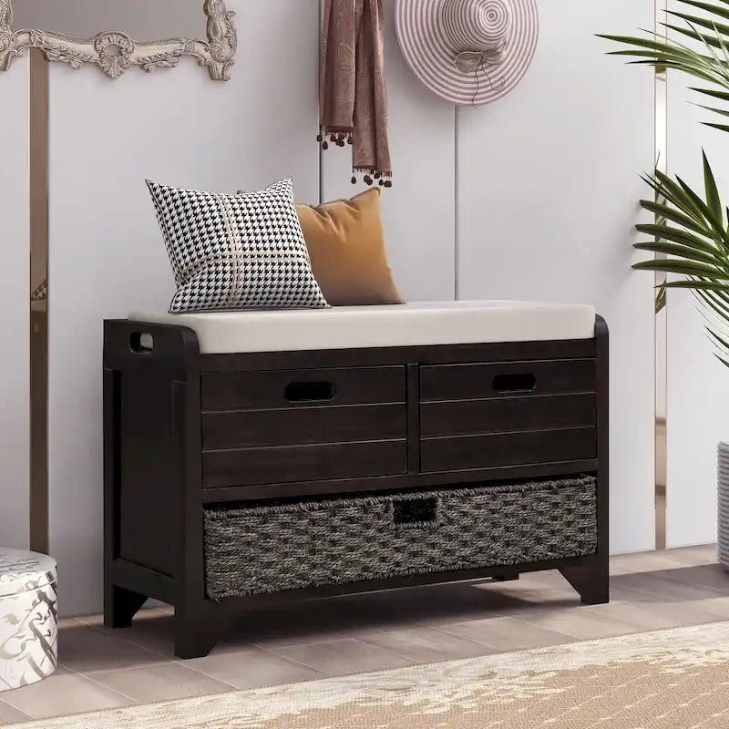 Banc de rangement d'entrée avec 2 tiroirs et panier tressé amovible