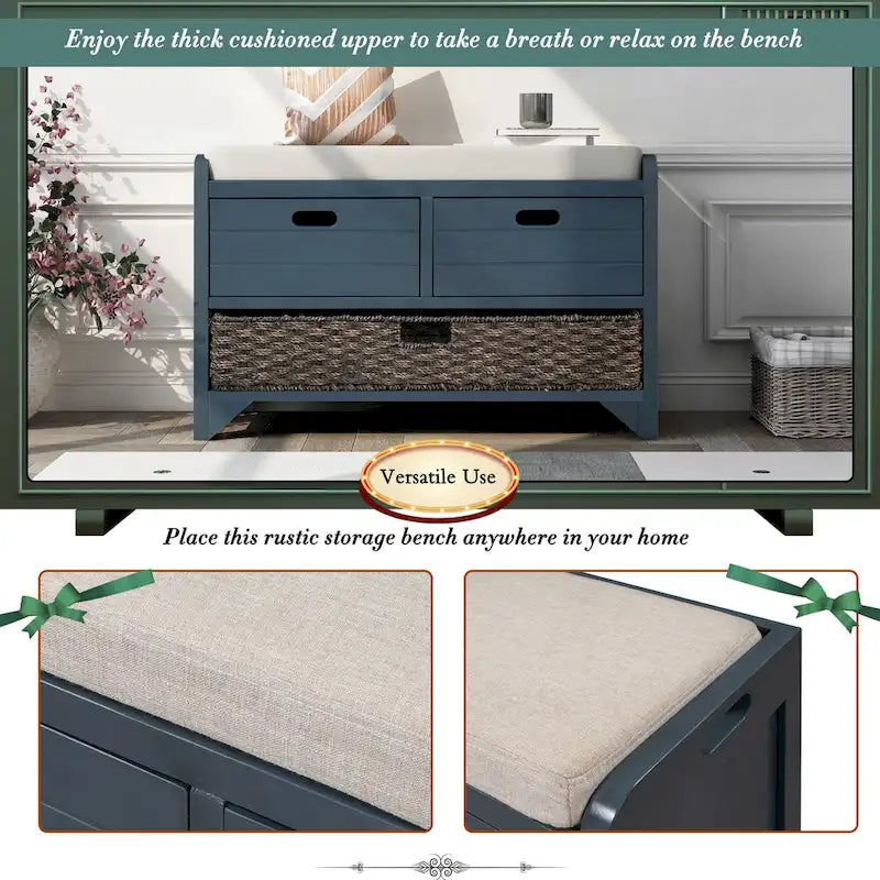 Banc de rangement d'entrée avec 2 tiroirs et panier tressé amovible