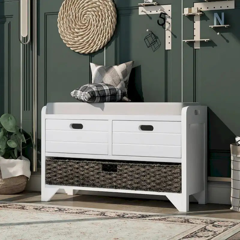 Banc de rangement d'entrée avec 2 tiroirs et panier tressé amovible