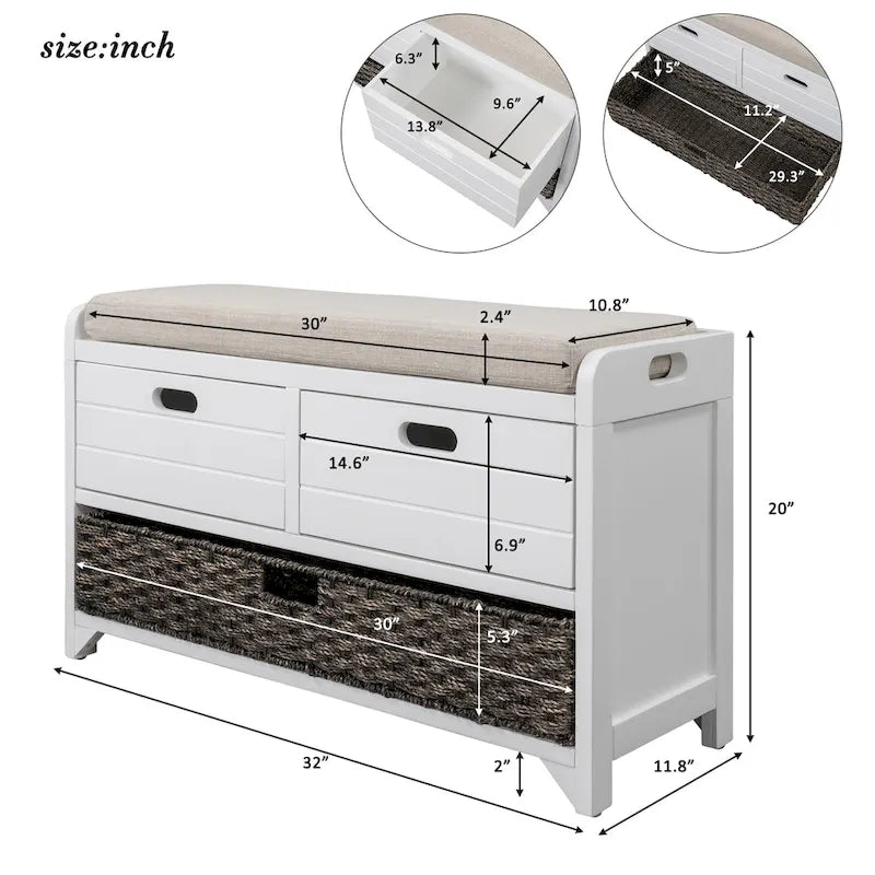 Banc de rangement d'entrée avec 2 tiroirs et panier tressé amovible