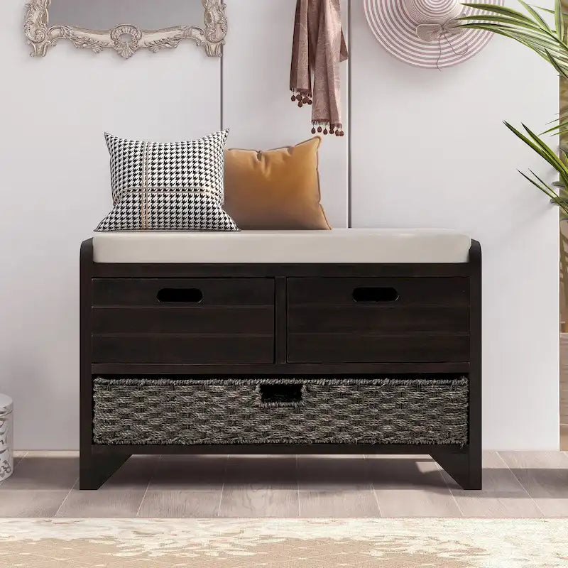 Banc de rangement d'entrée avec 2 tiroirs et panier tressé amovible