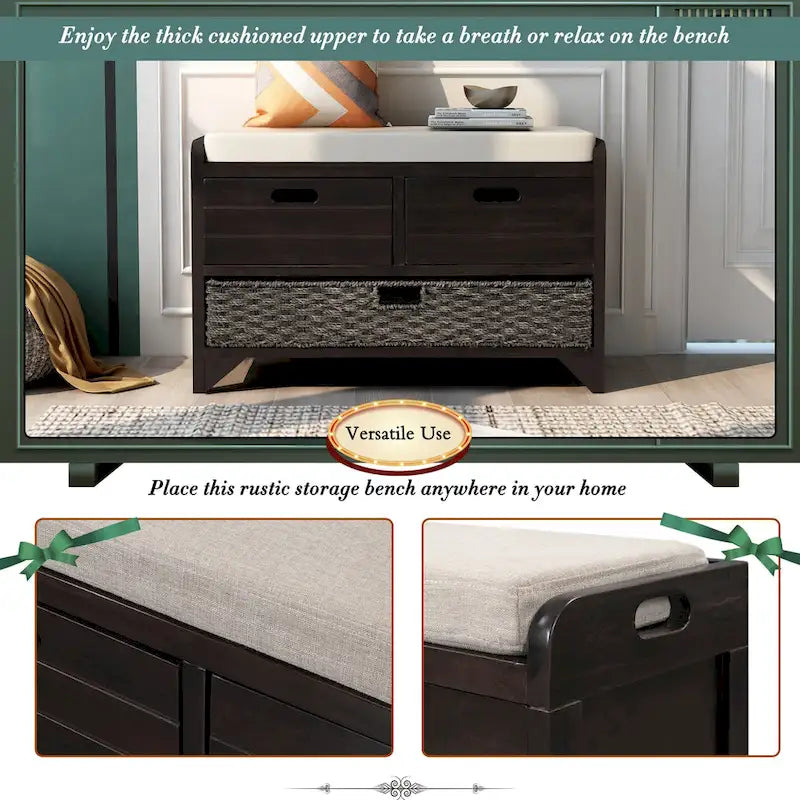 Banc de rangement d'entrée avec 2 tiroirs et panier tressé amovible