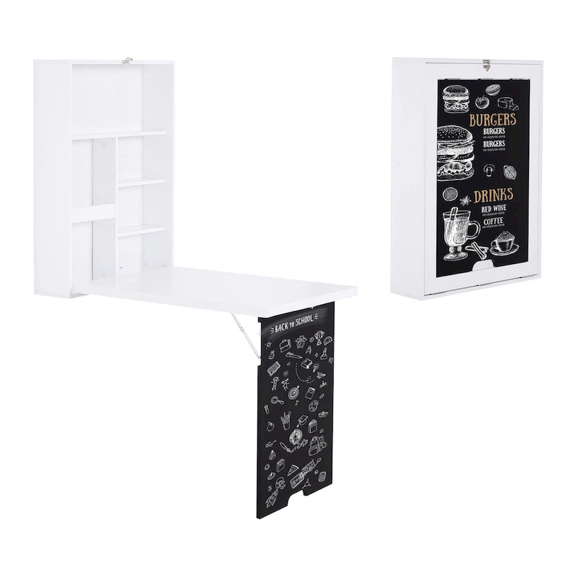 Bureau pliable mural avec tableau noir Étagères de rangement en bois blanc Gain de place